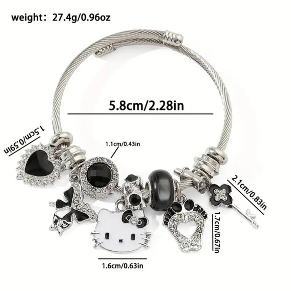 Hello Kitty Charm Bracelet Sanrio Rhinestone Heart Key Emo Beads Trendy Glam Fun - Picture 4 of 4
